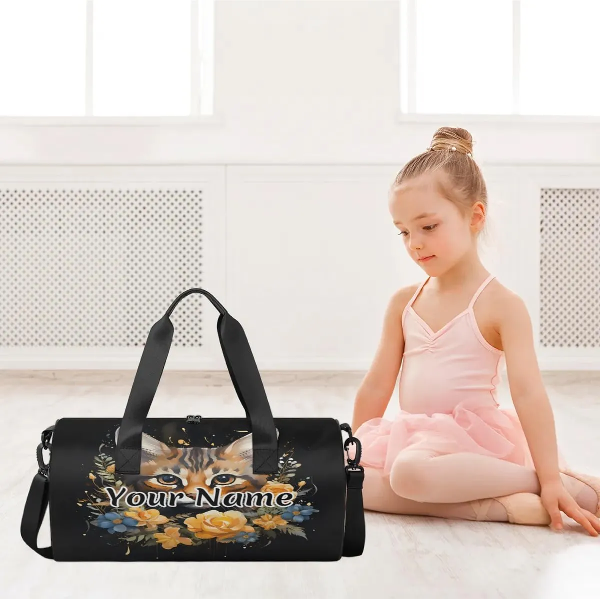 Personalized Duffel Bag for Women, Custom Cute Cat Gym Bag for Sports, Waterproof Dance Bag with Name, Lightweight Carryon Gym Bag, Floral Animal
