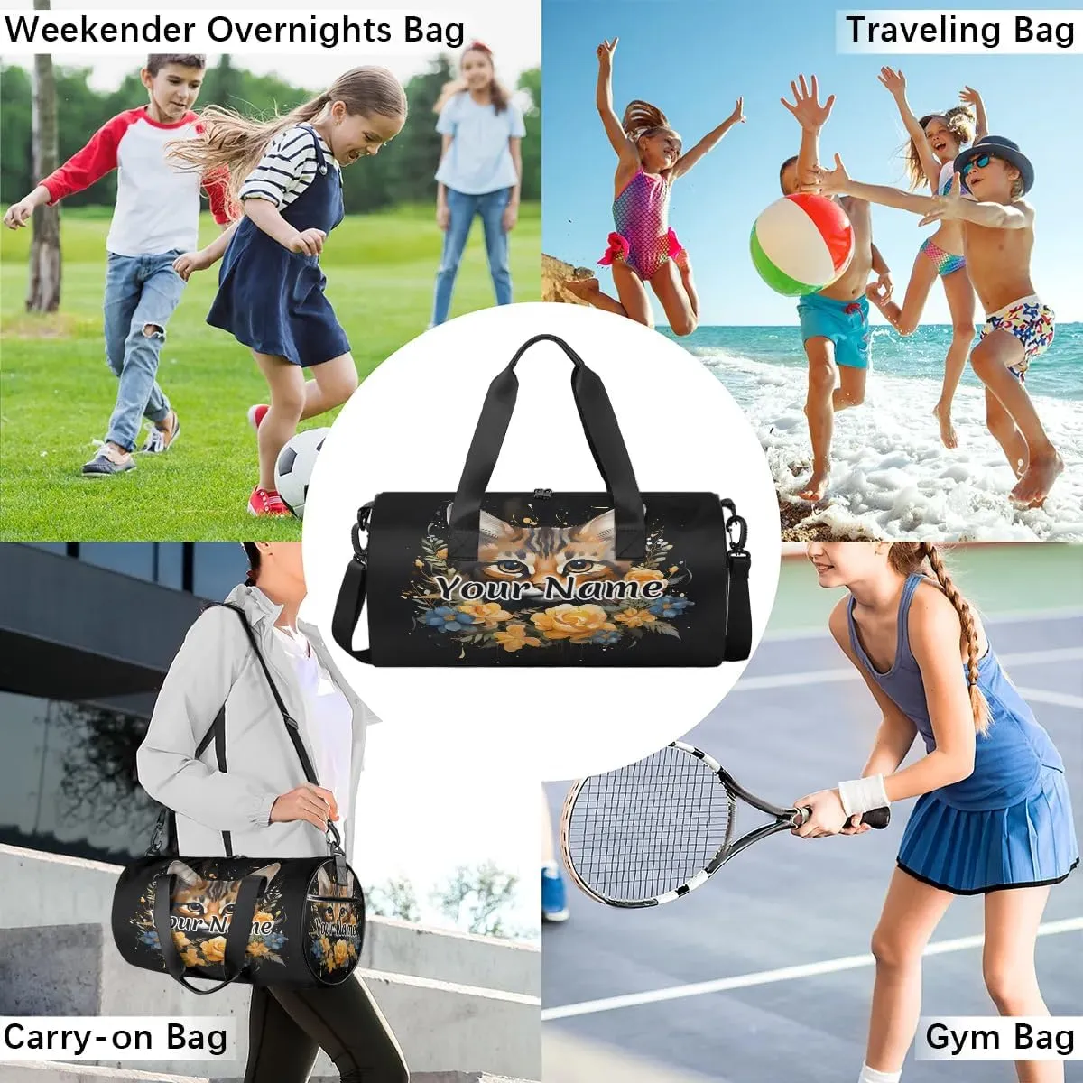 Personalized Duffel Bag for Women, Custom Cute Cat Gym Bag for Sports, Waterproof Dance Bag with Name, Lightweight Carryon Gym Bag, Floral Animal