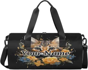 Personalized Duffel Bag for Women, Custom Cute Cat Gym Bag for Sports, Waterproof Dance Bag with Name, Lightweight Carryon Gym Bag, Floral Animal