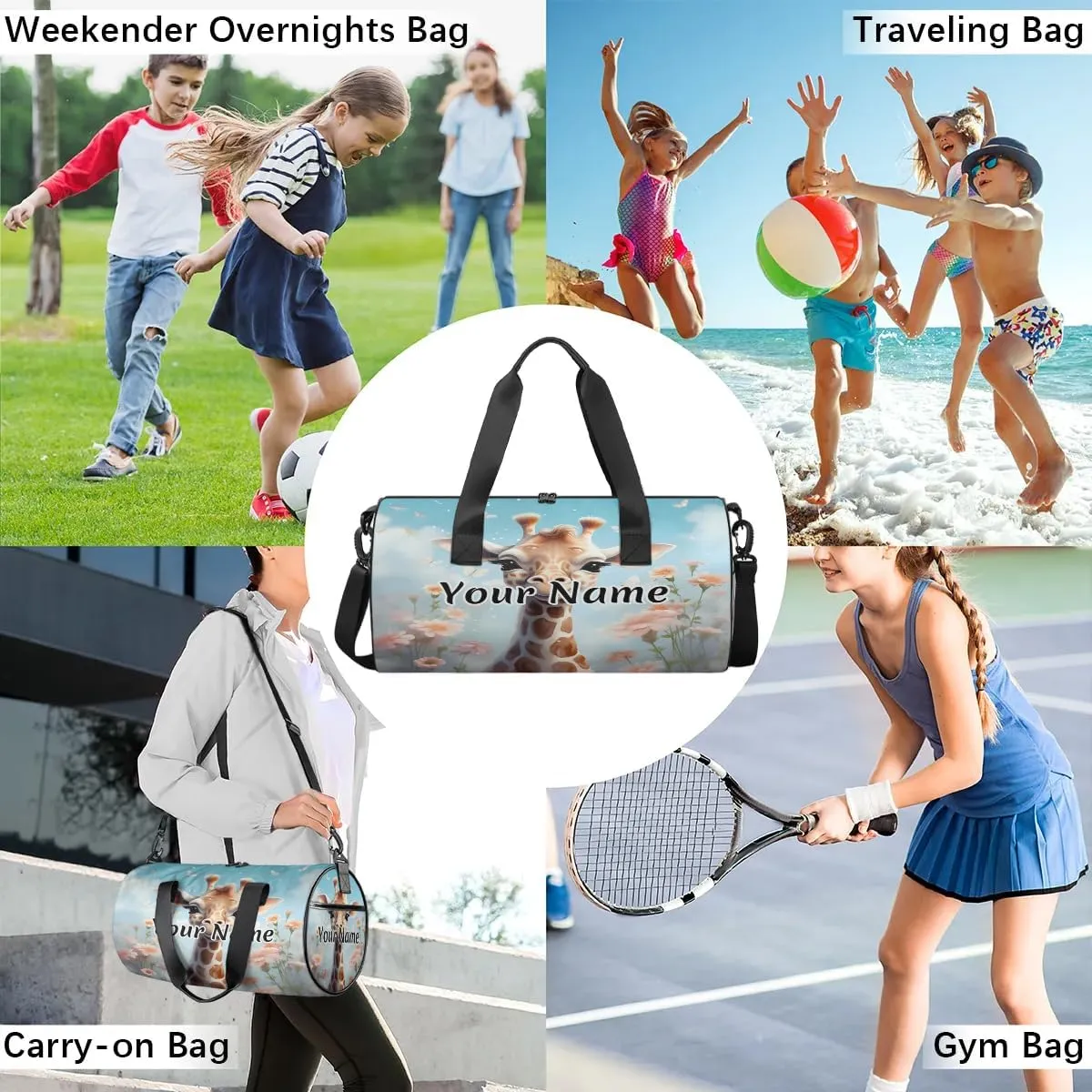 Personalized Duffel Bag for Women, Custom Giraffe Flower Gym Bag for Sports, Waterproof Dance Bag with Name, Lightweight Carryon Gym Bag, Funny Giraffe