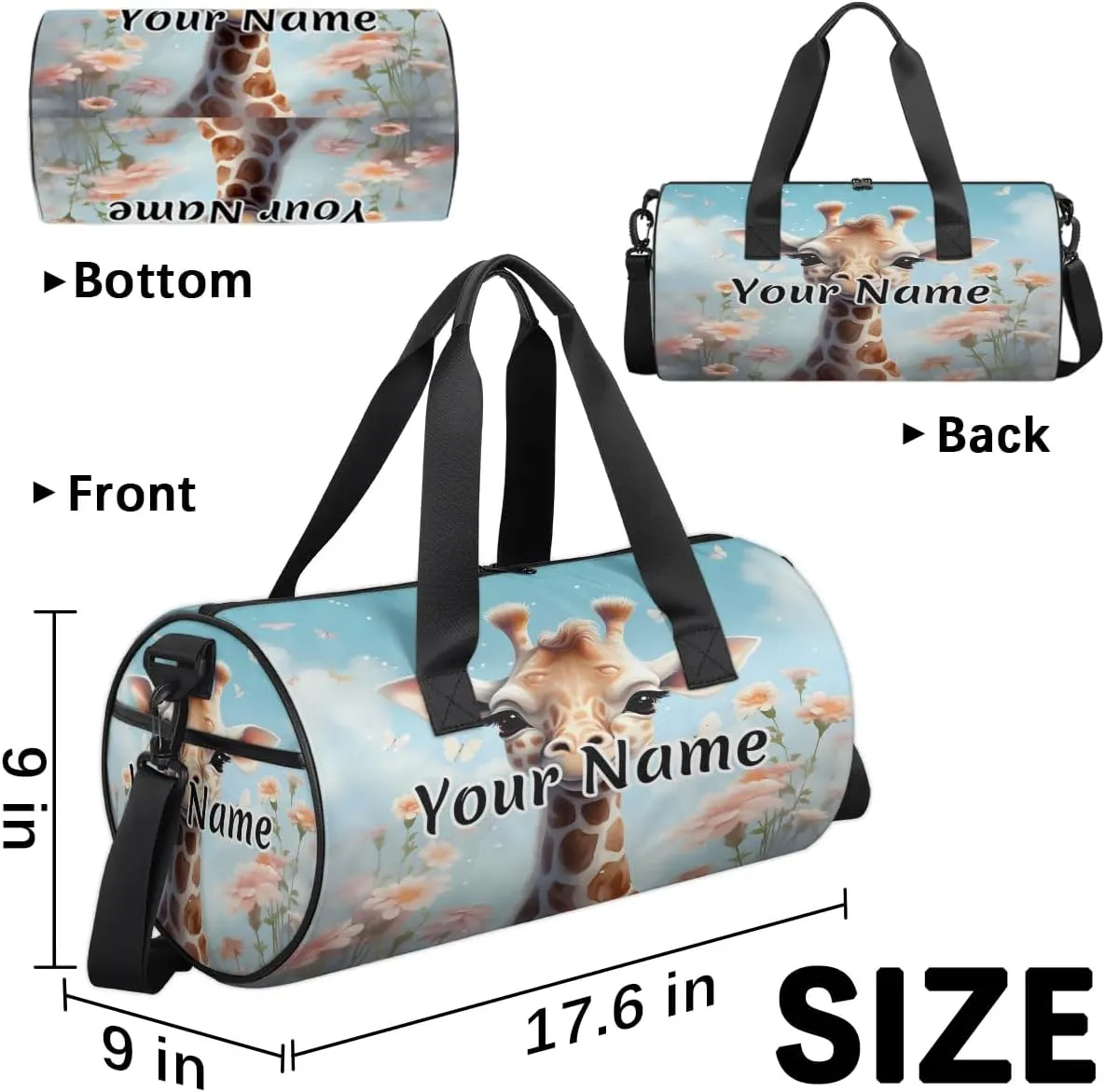 Personalized Duffel Bag for Women, Custom Giraffe Flower Gym Bag for Sports, Waterproof Dance Bag with Name, Lightweight Carryon Gym Bag, Funny Giraffe