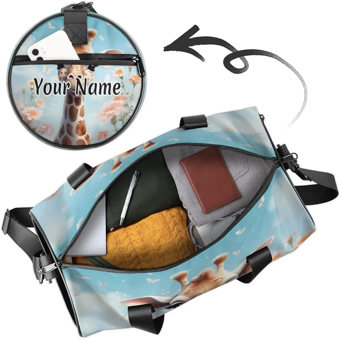 Personalized Duffel Bag for Women, Custom Giraffe Flower Gym Bag for Sports, Waterproof Dance Bag with Name, Lightweight Carryon Gym Bag, Funny Giraffe