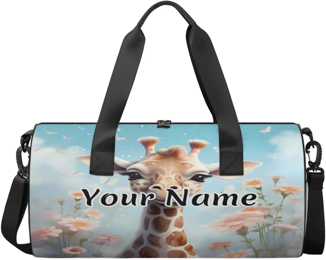 Personalized Duffel Bag for Women, Custom Giraffe Flower Gym Bag for Sports, Waterproof Dance Bag with Name, Lightweight Carryon Gym Bag, Funny Giraffe