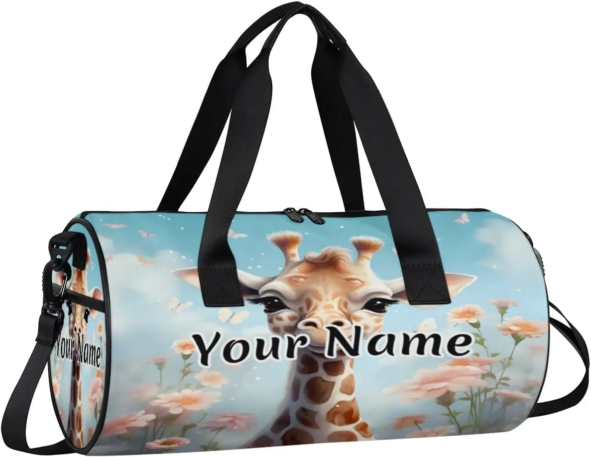 Personalized Duffel Bag for Women, Custom Giraffe Flower Gym Bag for Sports, Waterproof Dance Bag with Name, Lightweight Carryon Gym Bag, Funny Giraffe