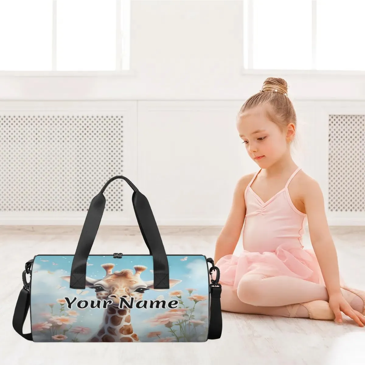 Personalized Duffel Bag for Women, Custom Giraffe Flower Gym Bag for Sports, Waterproof Dance Bag with Name, Lightweight Carryon Gym Bag, Funny Giraffe