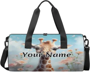 Personalized Duffel Bag for Women, Custom Giraffe Flower Gym Bag for Sports, Waterproof Dance Bag with Name, Lightweight Carryon Gym Bag, Funny Giraffe