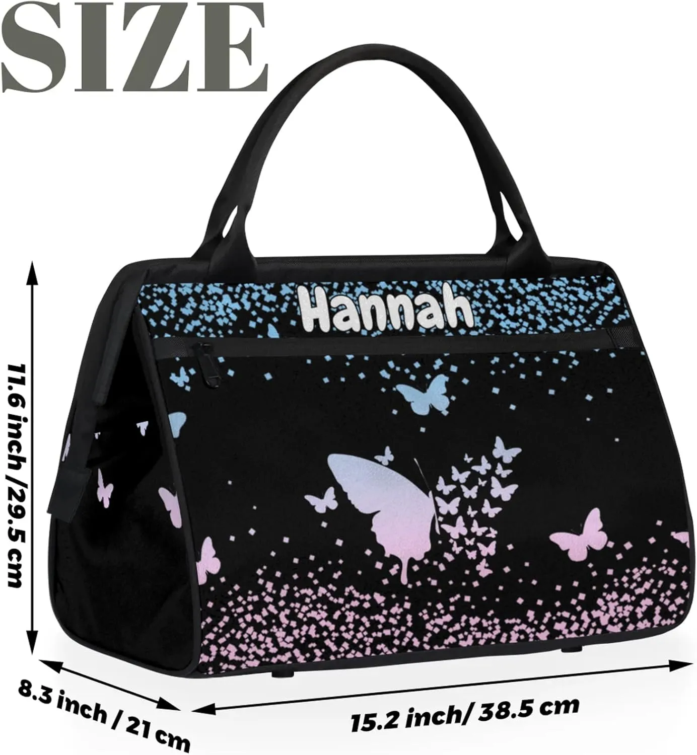 Personalized Duffel Bag with Name Butterfly Custom Travel Sports Bag for Women Men Waterproof Dance Ballet Bag Lightweight 15.2in, Sky Blue Pink