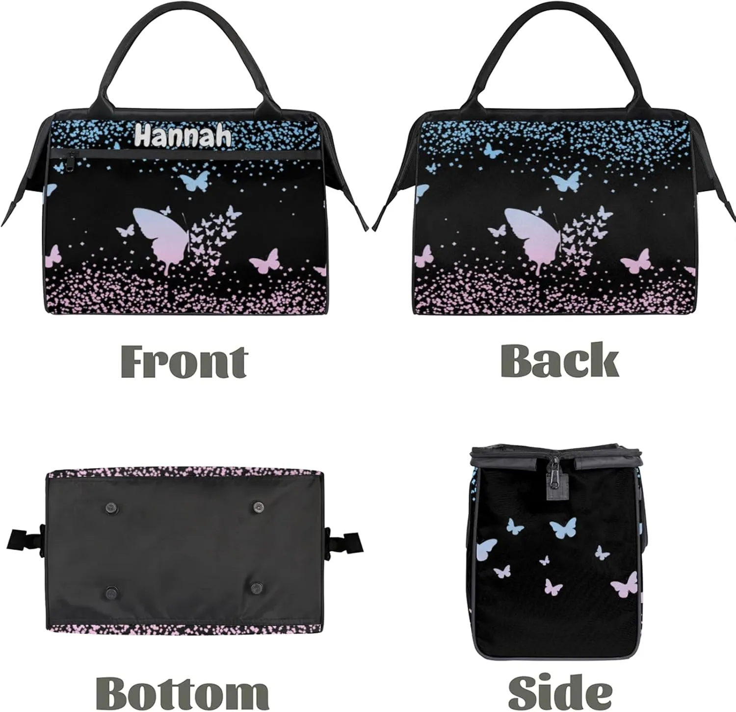 Personalized Duffel Bag with Name Butterfly Custom Travel Sports Bag for Women Men Waterproof Dance Ballet Bag Lightweight 15.2in, Sky Blue Pink