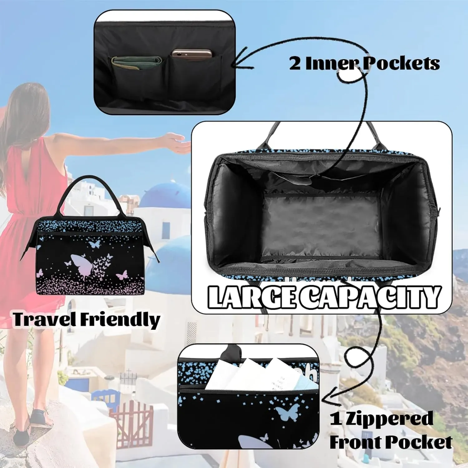 Personalized Duffel Bag with Name Butterfly Custom Travel Sports Bag for Women Men Waterproof Dance Ballet Bag Lightweight 15.2in, Sky Blue Pink