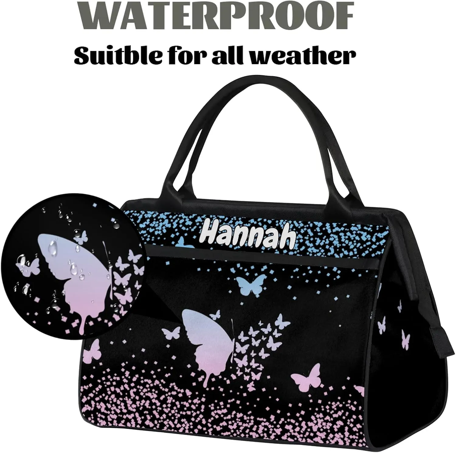 Personalized Duffel Bag with Name Butterfly Custom Travel Sports Bag for Women Men Waterproof Dance Ballet Bag Lightweight 15.2in, Sky Blue Pink