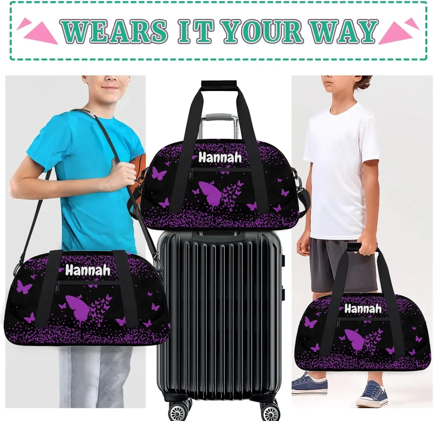 Personalized Duffel Bag with Name Butterfly Custom Travel Sports Bag for Women Men Waterproof Dance Ballet Bag Lightweight 18.9in, Dark Purple