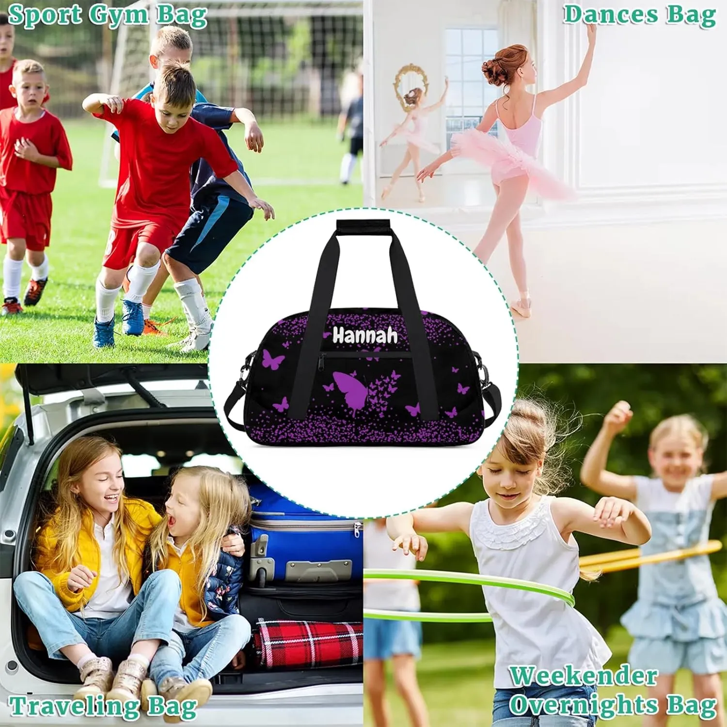 Personalized Duffel Bag with Name Butterfly Custom Travel Sports Bag for Women Men Waterproof Dance Ballet Bag Lightweight 18.9in, Dark Purple