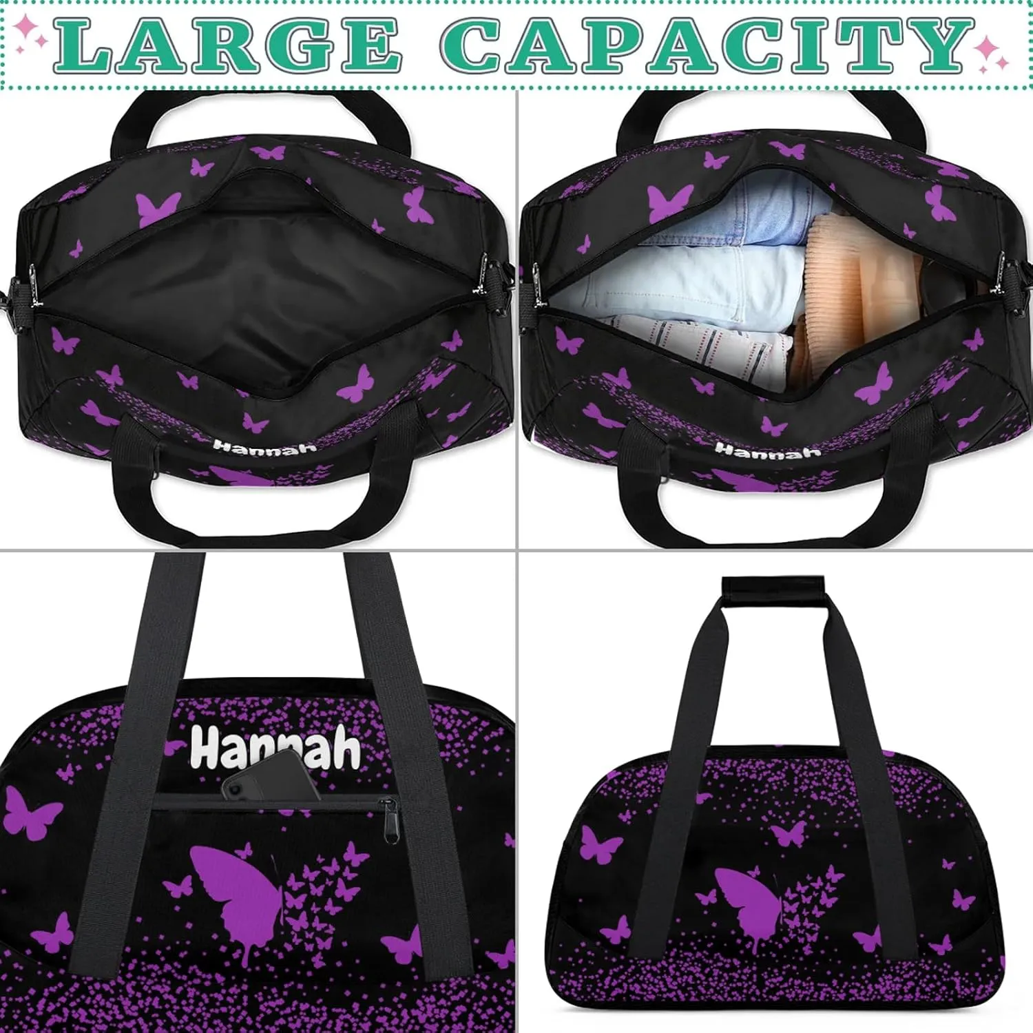 Personalized Duffel Bag with Name Butterfly Custom Travel Sports Bag for Women Men Waterproof Dance Ballet Bag Lightweight 18.9in, Dark Purple
