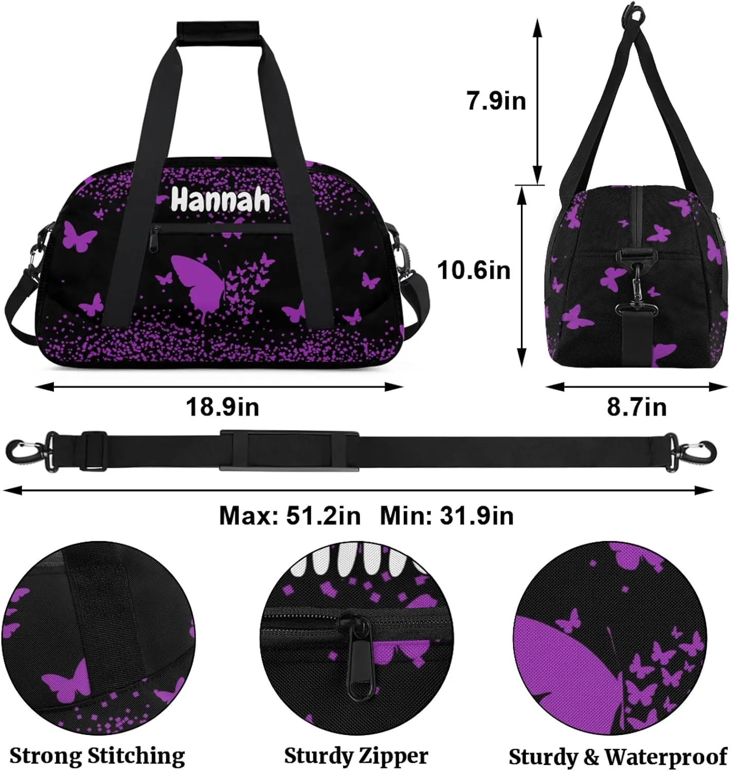 Personalized Duffel Bag with Name Butterfly Custom Travel Sports Bag for Women Men Waterproof Dance Ballet Bag Lightweight 18.9in, Dark Purple