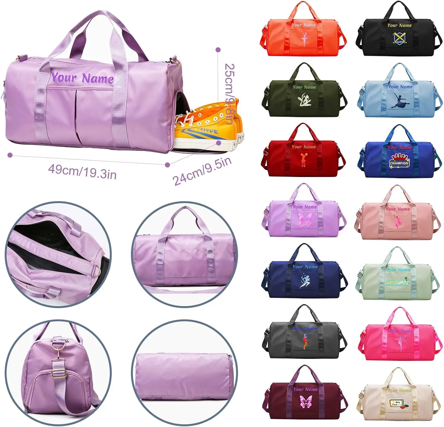 Personalized Duffle Bag with Photo Name Text, Customized Travel Bags with Wet Dry Pockets & Shoe Compartment, Custom Ballet Dance Sport Gym Bag for Women Girls
