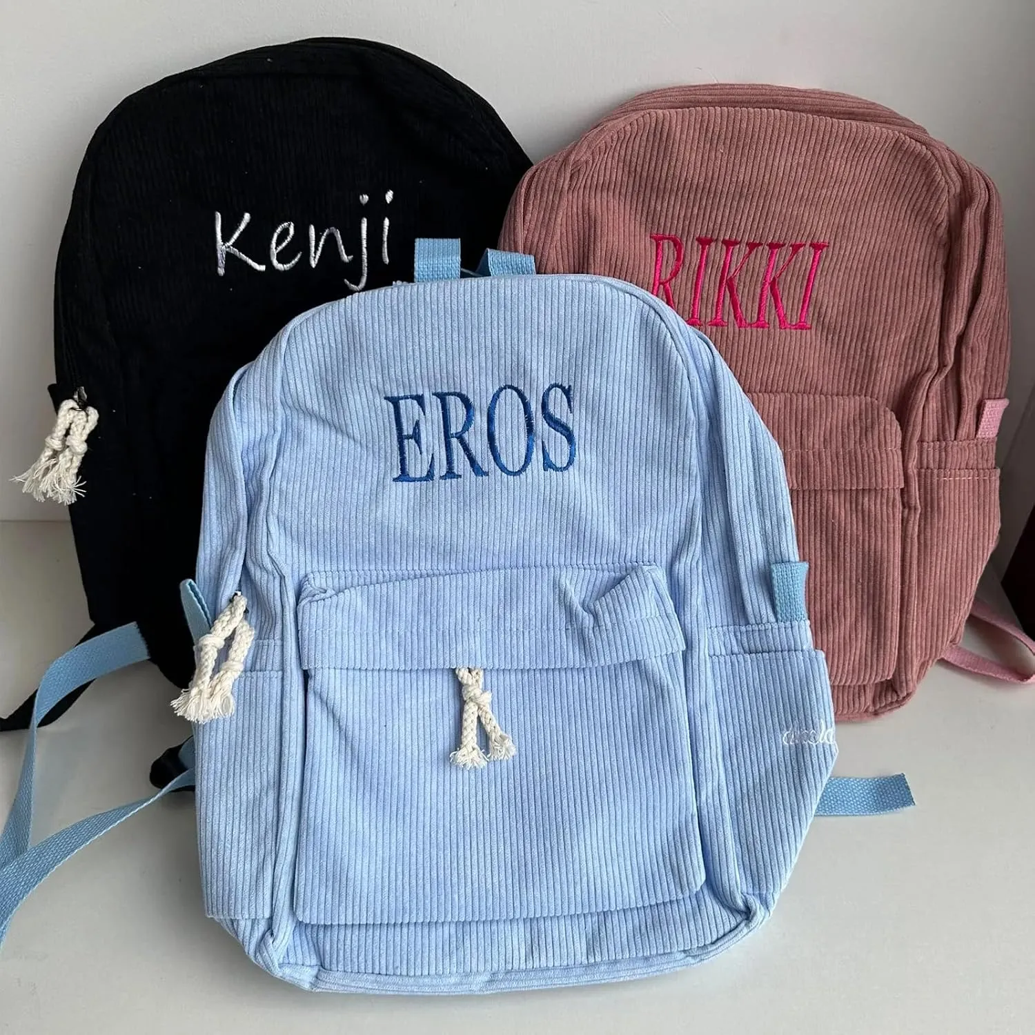 Personalized Embroidered Backpack, Custom Name Backpack, Embroidered Backpack Adult, Corduroy Backpack Kids, Blue, embroidery name