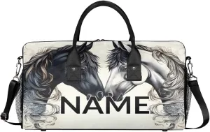 Personalized Farmhouse Horse Travel Duffel Bag with Name, Custom Gym Sport Bag Rustic Art Print Carry On Weekend Overnight Duffel Bag for Men Women
