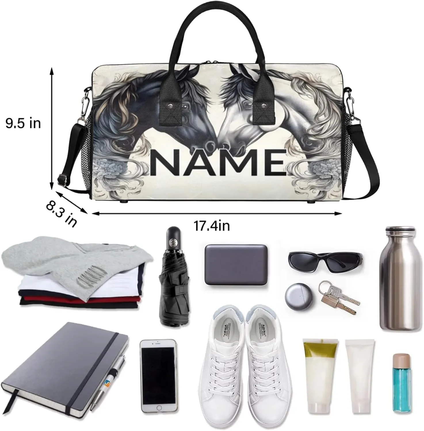 Personalized Farmhouse Horse Travel Duffel Bag with Name, Custom Gym Sport Bag Rustic Art Print Carry On Weekend Overnight Duffel Bag for Men Women