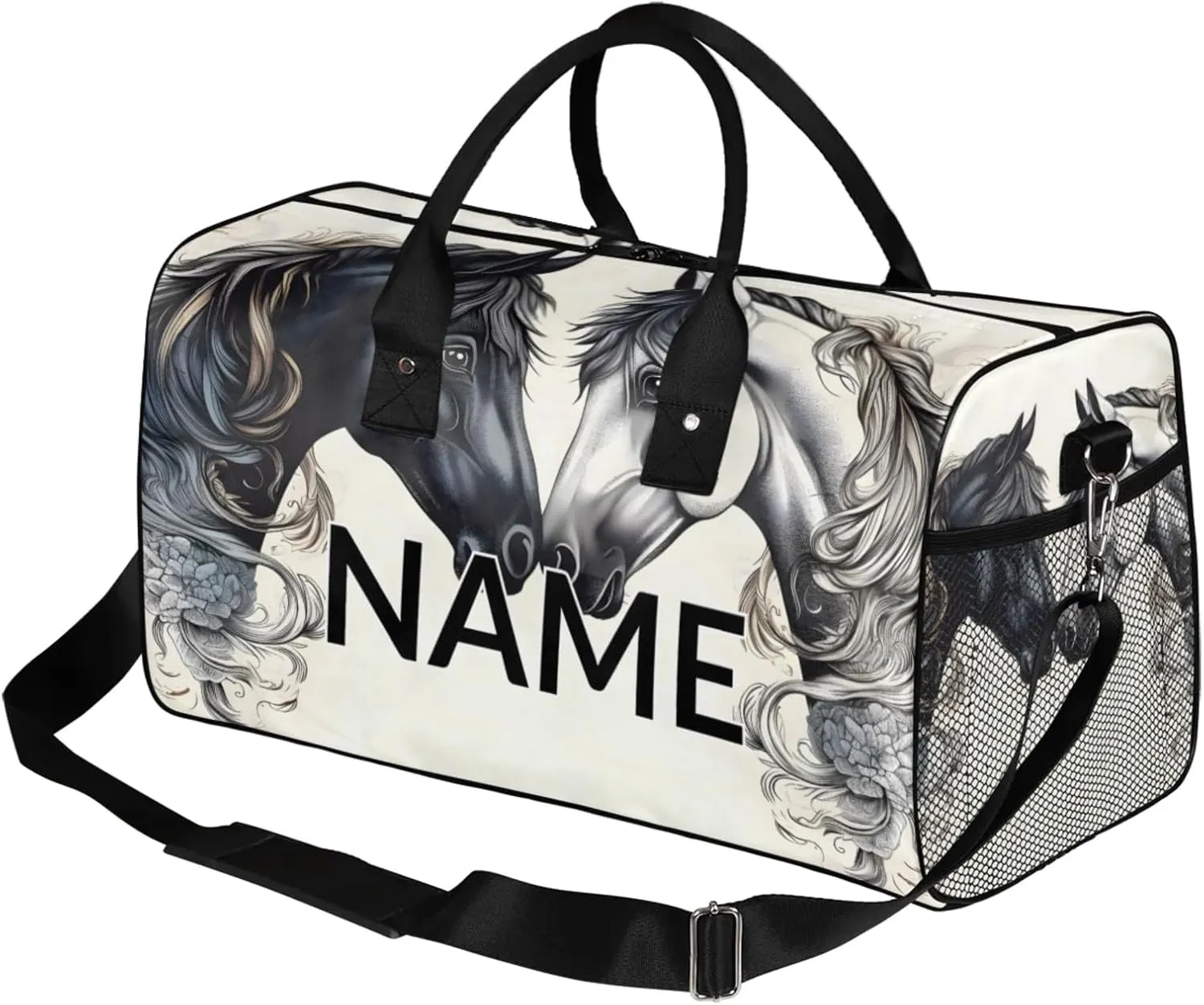 Personalized Farmhouse Horse Travel Duffel Bag with Name, Custom Gym Sport Bag Rustic Art Print Carry On Weekend Overnight Duffel Bag for Men Women