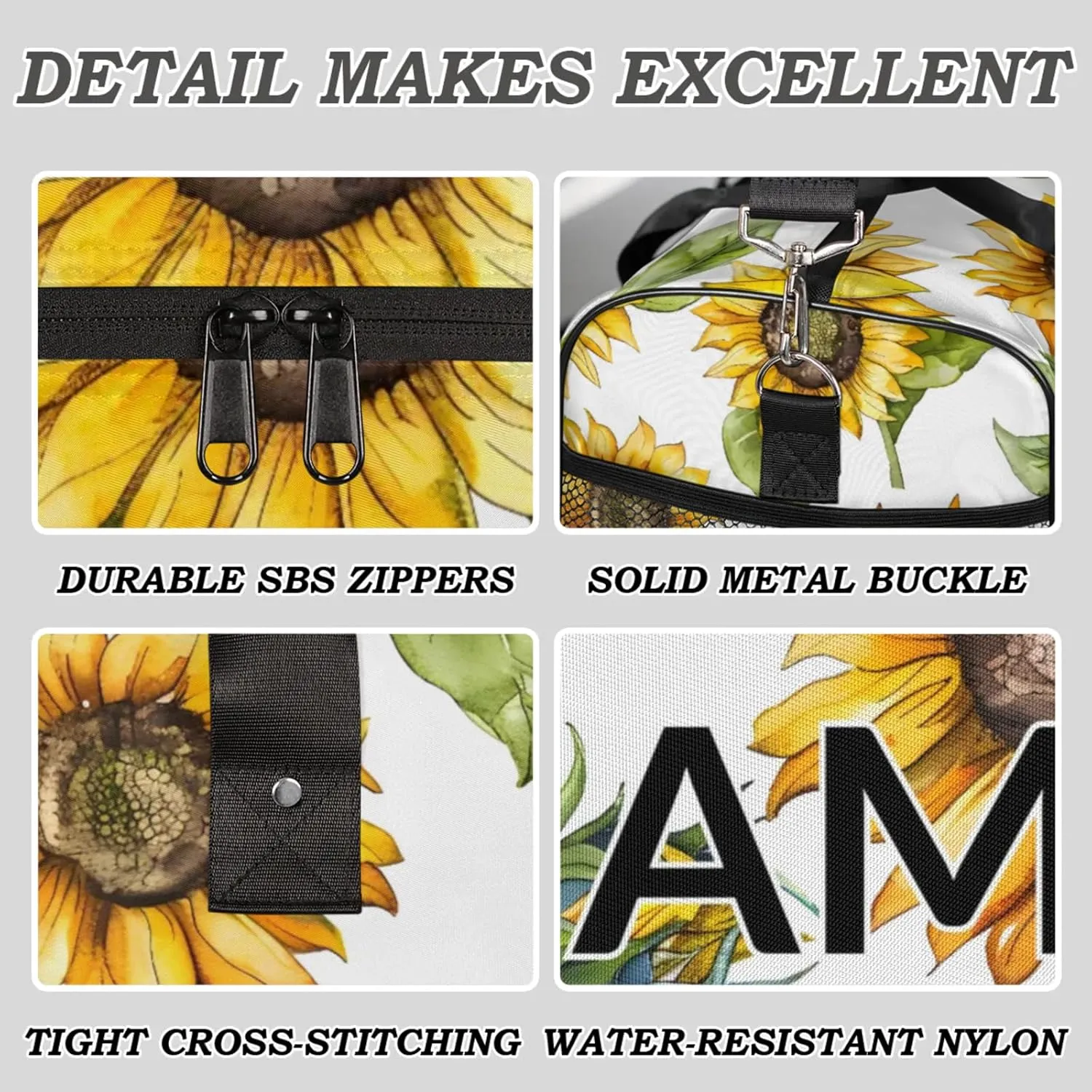 Personalized Farmhouse Sunflower Travel Duffel Bag with Name, Custom Gym Sport Bag Summer Floral Carry On Weekend Overnight Duffel Bag for Men Women