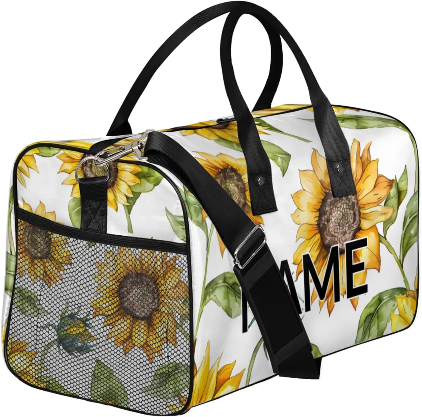 Personalized Farmhouse Sunflower Travel Duffel Bag with Name, Custom Gym Sport Bag Summer Floral Carry On Weekend Overnight Duffel Bag for Men Women
