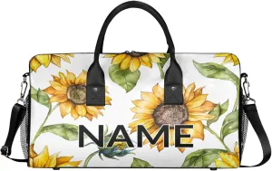 Personalized Farmhouse Sunflower Travel Duffel Bag with Name, Custom Gym Sport Bag Summer Floral Carry On Weekend Overnight Duffel Bag for Men Women