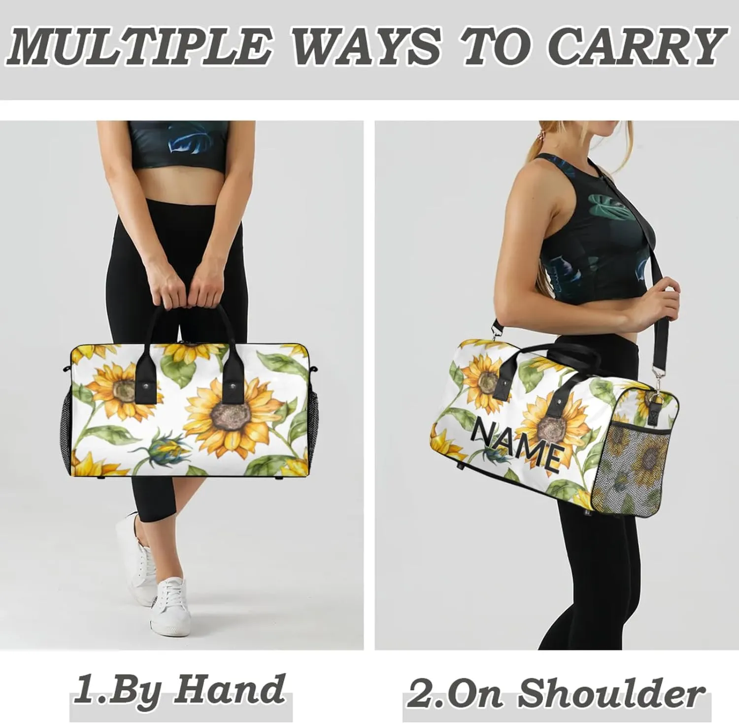 Personalized Farmhouse Sunflower Travel Duffel Bag with Name, Custom Gym Sport Bag Summer Floral Carry On Weekend Overnight Duffel Bag for Men Women