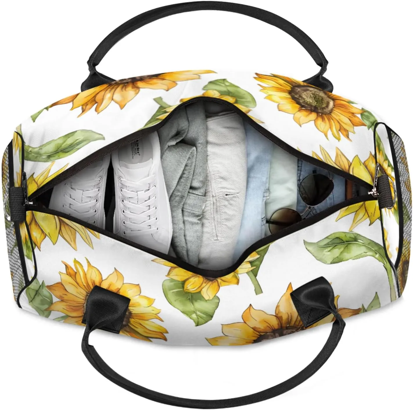 Personalized Farmhouse Sunflower Travel Duffel Bag with Name, Custom Gym Sport Bag Summer Floral Carry On Weekend Overnight Duffel Bag for Men Women