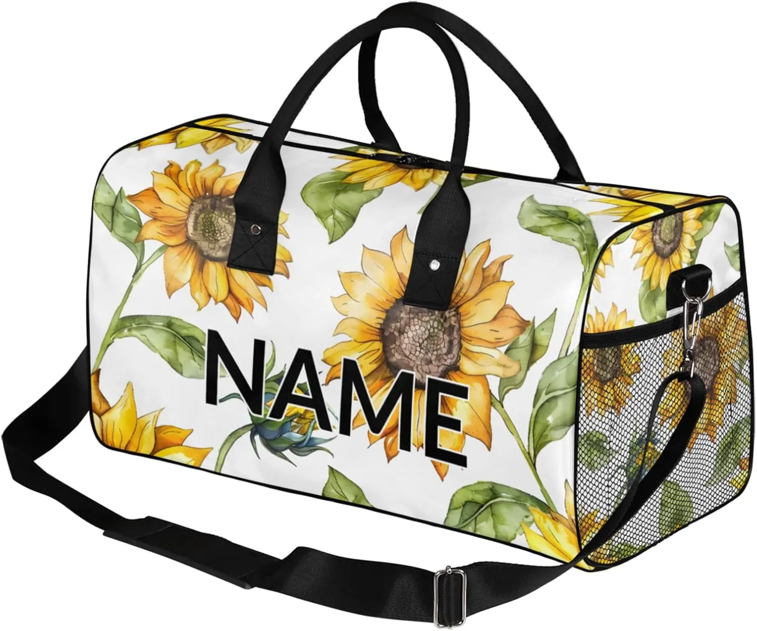 Personalized Farmhouse Sunflower Travel Duffel Bag with Name, Custom Gym Sport Bag Summer Floral Carry On Weekend Overnight Duffel Bag for Men Women