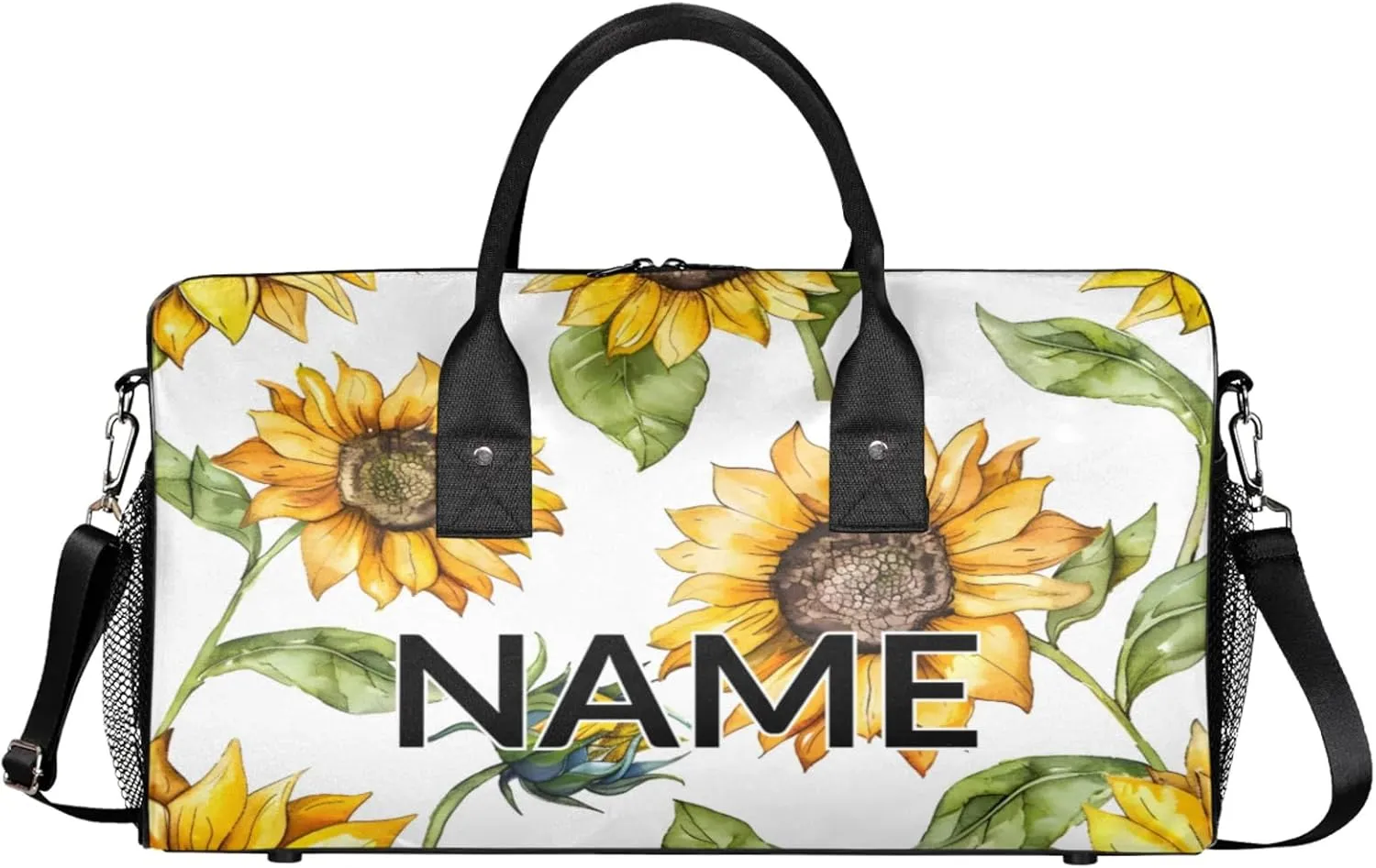 Personalized Farmhouse Sunflower Travel Duffel Bag with Name, Custom Gym Sport Bag Summer Floral Carry On Weekend Overnight Duffel Bag for Men Women