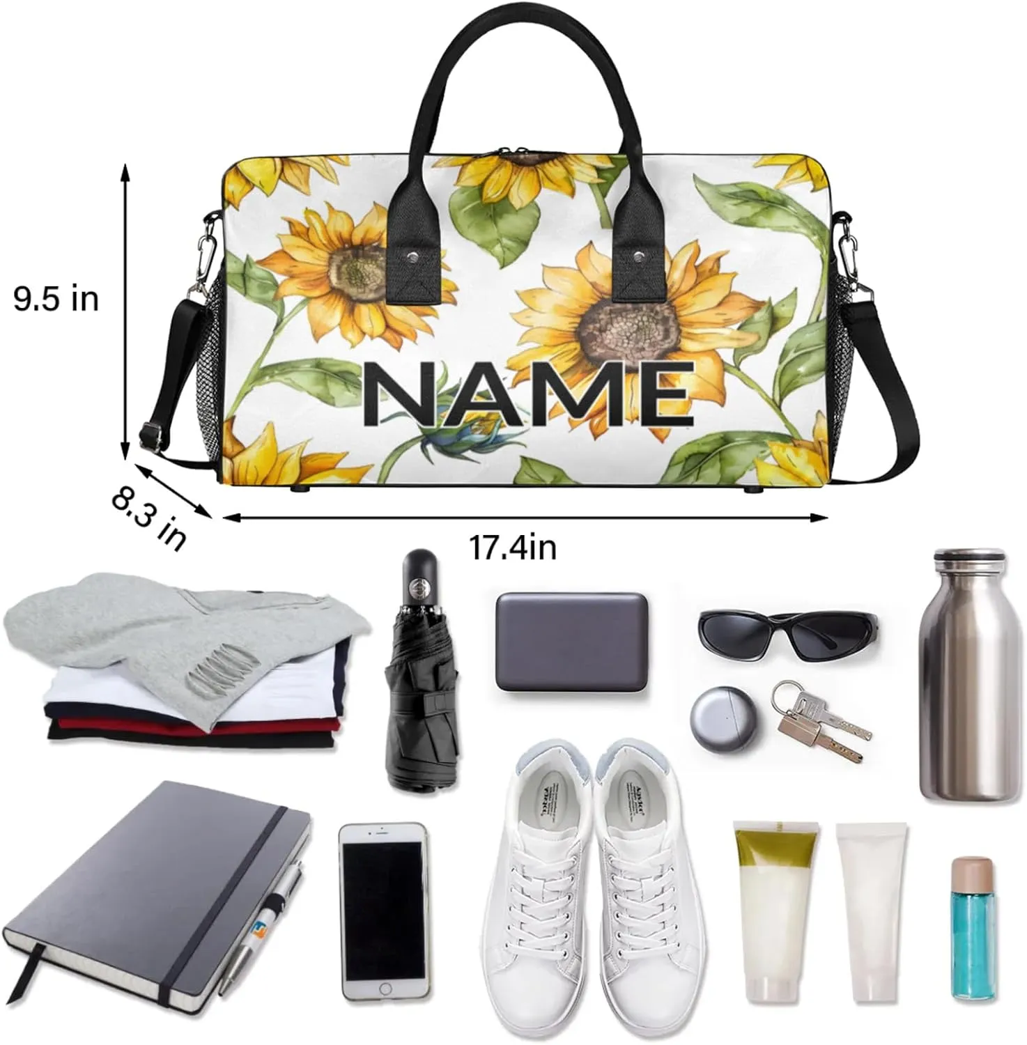 Personalized Farmhouse Sunflower Travel Duffel Bag with Name, Custom Gym Sport Bag Summer Floral Carry On Weekend Overnight Duffel Bag for Men Women