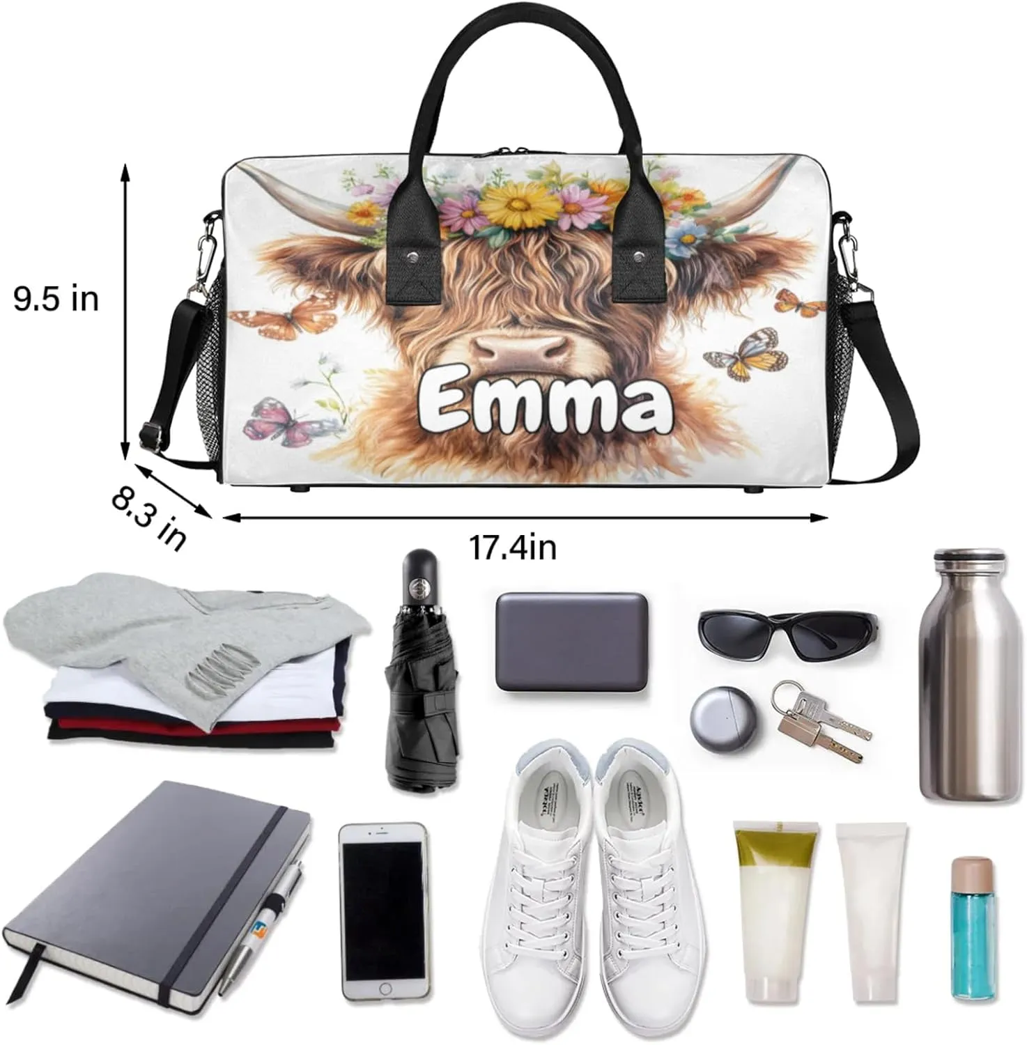 Personalized Floral Highland Cow Travel Duffel Bag with Name, Custom Gym Sport Bag Butterfly Highland Cattle Carry On Weekend Overnight Duffel Bag for Men Women
