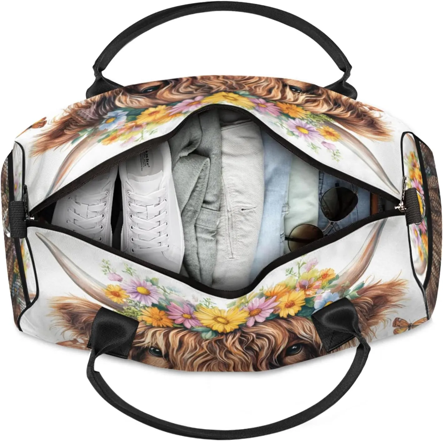 Personalized Floral Highland Cow Travel Duffel Bag with Name, Custom Gym Sport Bag Butterfly Highland Cattle Carry On Weekend Overnight Duffel Bag for Men Women