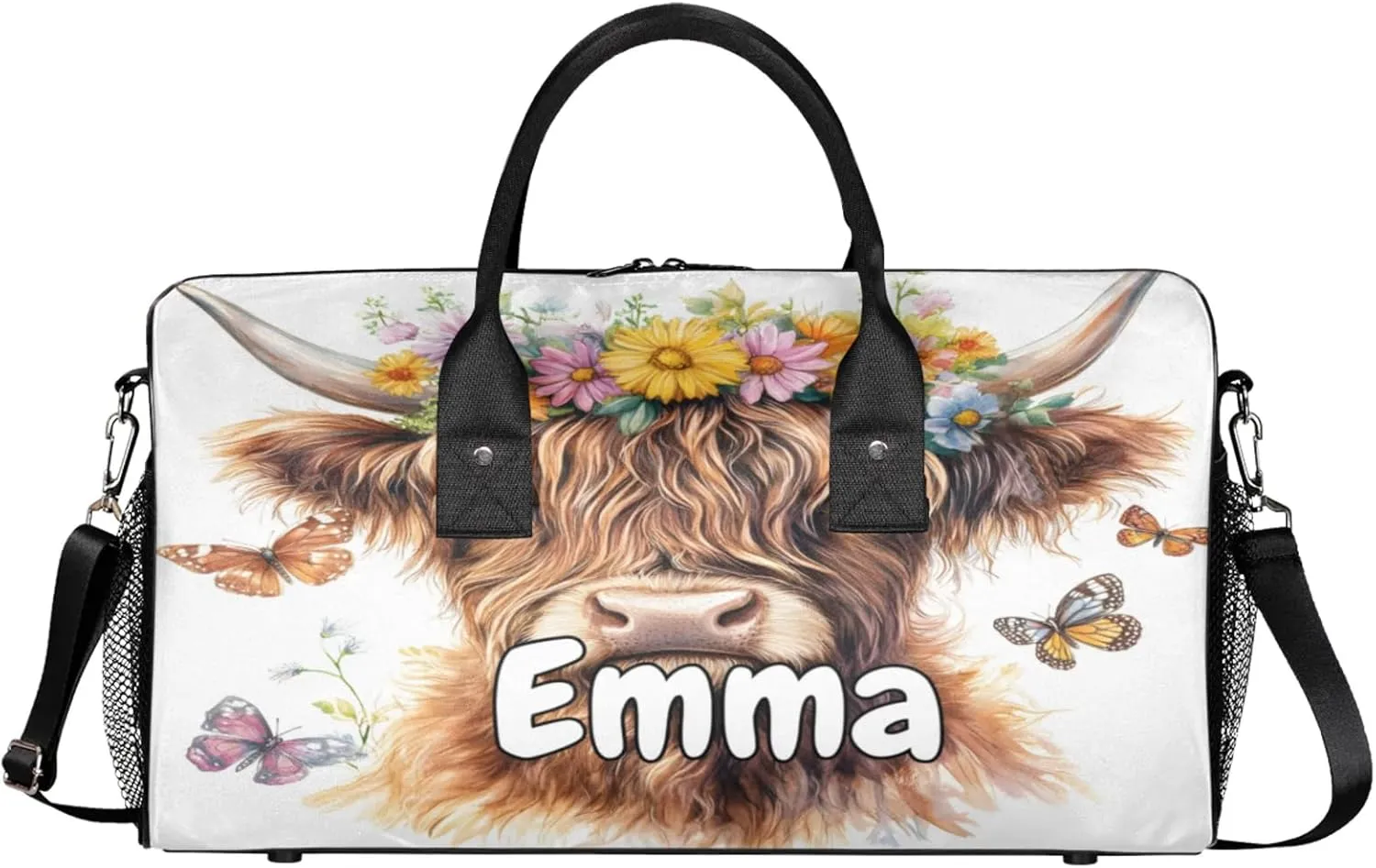 Personalized Floral Highland Cow Travel Duffel Bag with Name, Custom Gym Sport Bag Butterfly Highland Cattle Carry On Weekend Overnight Duffel Bag for Men Women