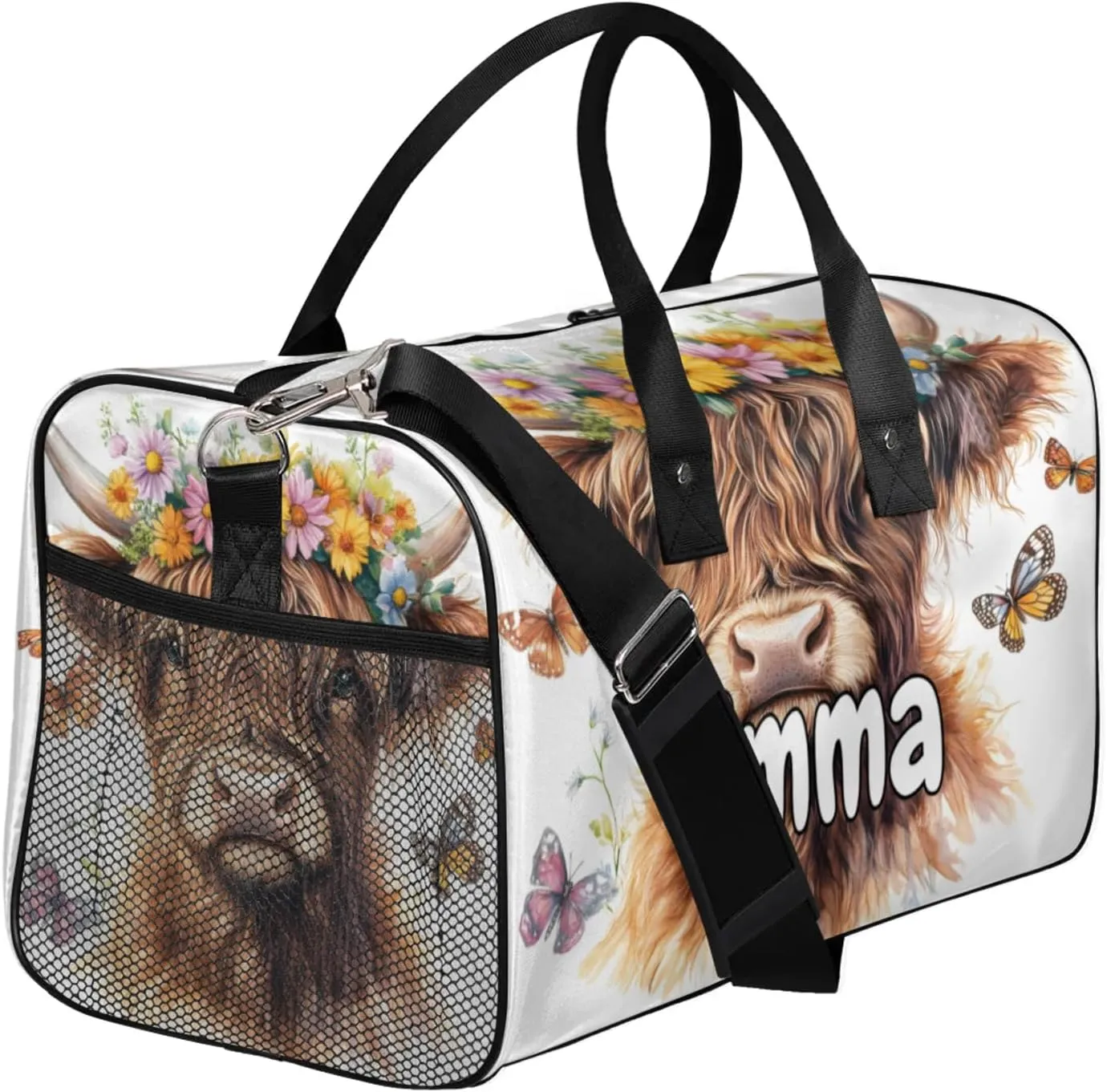 Personalized Floral Highland Cow Travel Duffel Bag with Name, Custom Gym Sport Bag Butterfly Highland Cattle Carry On Weekend Overnight Duffel Bag for Men Women