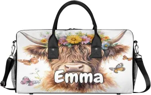 Personalized Floral Highland Cow Travel Duffel Bag with Name, Custom Gym Sport Bag Butterfly Highland Cattle Carry On Weekend Overnight Duffel Bag for Men Women