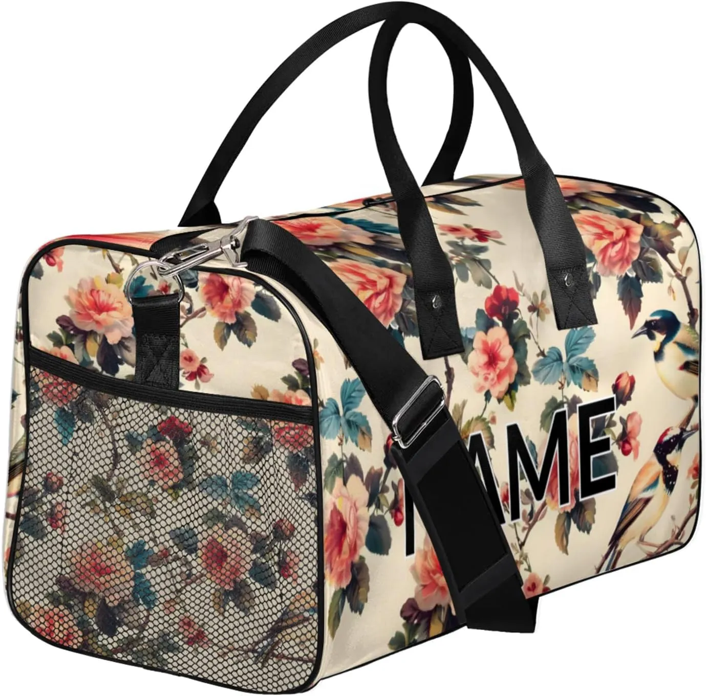 Personalized Flower Birds Travel Duffel Bag with Name, Custom Gym Sport Bag Colorful Floral Carry On Weekend Overnight Duffel Bag for Men Women