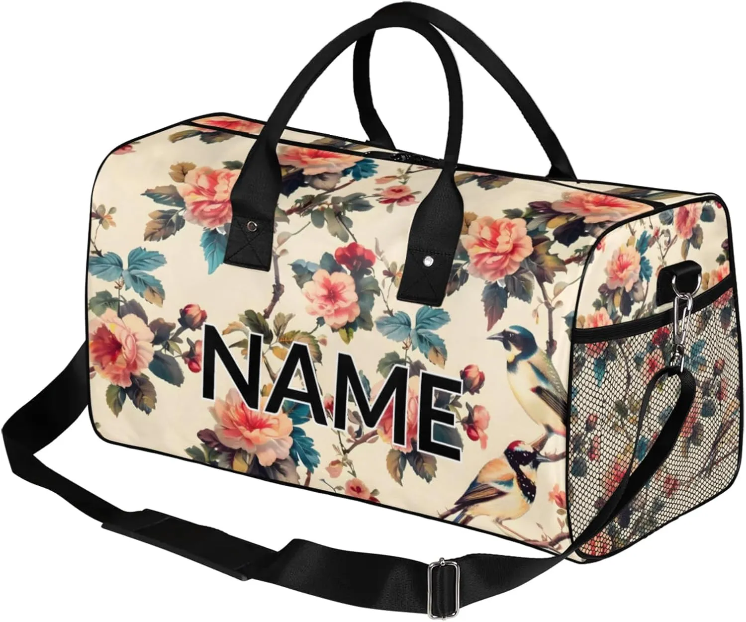 Personalized Flower Birds Travel Duffel Bag with Name, Custom Gym Sport Bag Colorful Floral Carry On Weekend Overnight Duffel Bag for Men Women