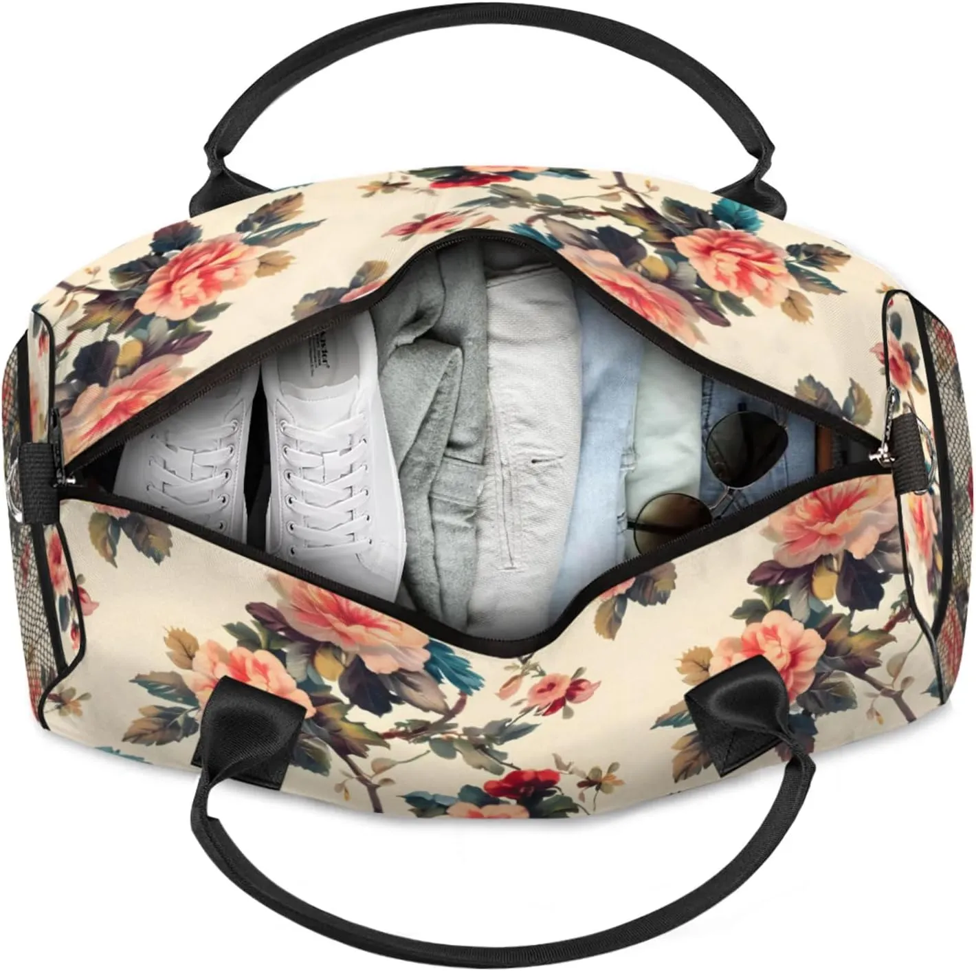 Personalized Flower Birds Travel Duffel Bag with Name, Custom Gym Sport Bag Colorful Floral Carry On Weekend Overnight Duffel Bag for Men Women