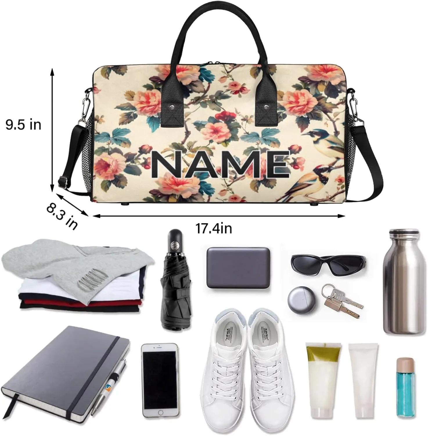 Personalized Flower Birds Travel Duffel Bag with Name, Custom Gym Sport Bag Colorful Floral Carry On Weekend Overnight Duffel Bag for Men Women