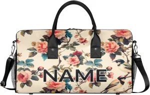 Personalized Flower Birds Travel Duffel Bag with Name, Custom Gym Sport Bag Colorful Floral Carry On Weekend Overnight Duffel Bag for Men Women