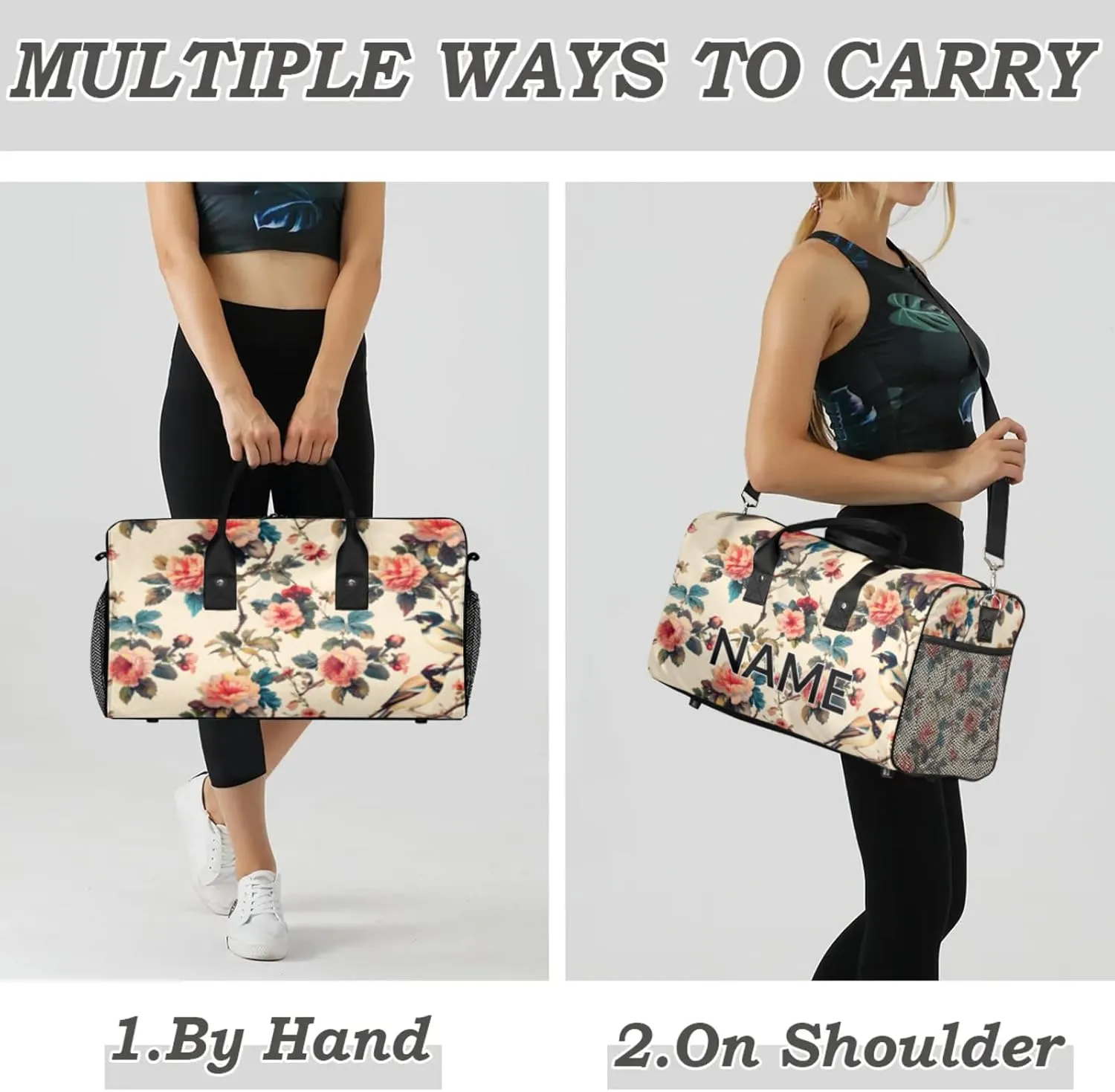 Personalized Flower Birds Travel Duffel Bag with Name, Custom Gym Sport Bag Colorful Floral Carry On Weekend Overnight Duffel Bag for Men Women