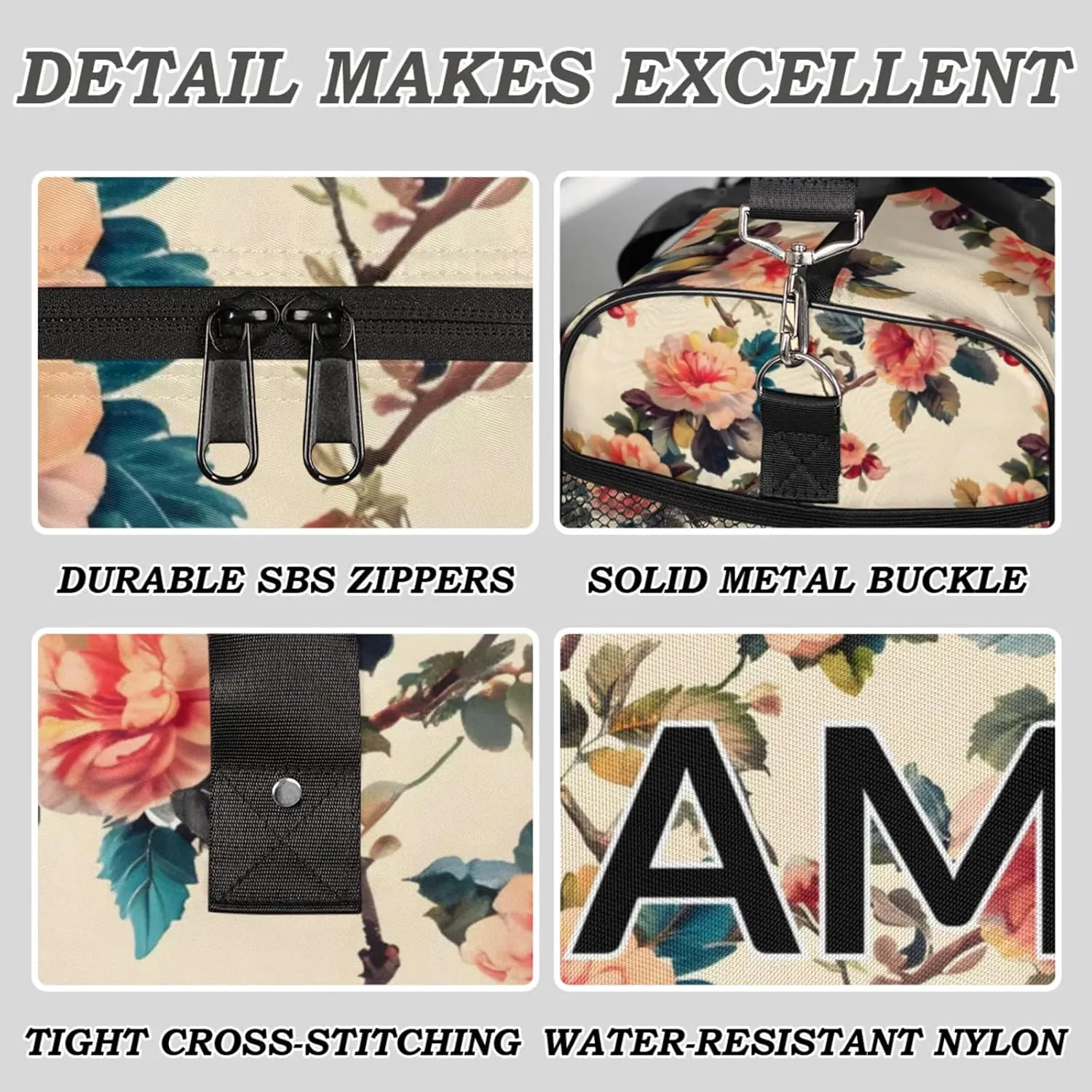 Personalized Flower Birds Travel Duffel Bag with Name, Custom Gym Sport Bag Colorful Floral Carry On Weekend Overnight Duffel Bag for Men Women