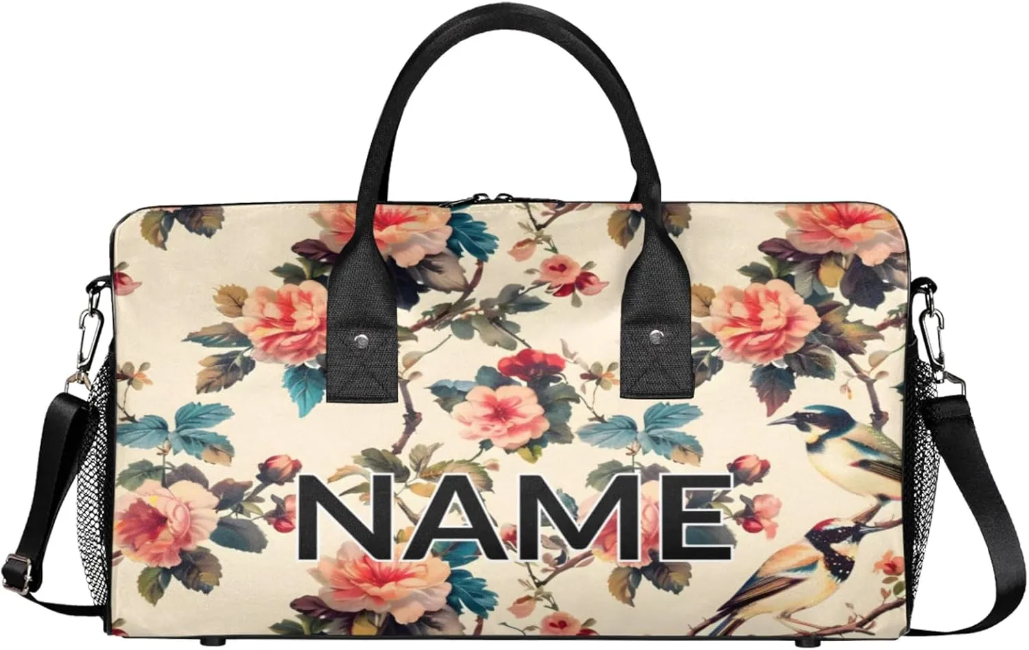 Personalized Flower Birds Travel Duffel Bag with Name, Custom Gym Sport Bag Colorful Floral Carry On Weekend Overnight Duffel Bag for Men Women