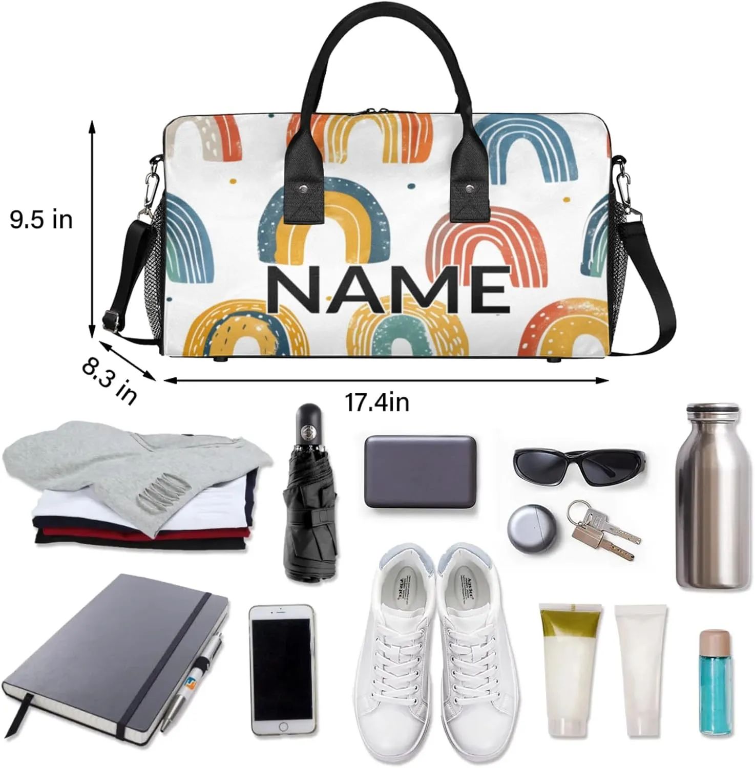 Personalized Fun Rainbow Travel Duffel Bag with Name, Custom Gym Sport Bag Abstract Creative Carry On Weekend Overnight Duffel Bag for Men Women