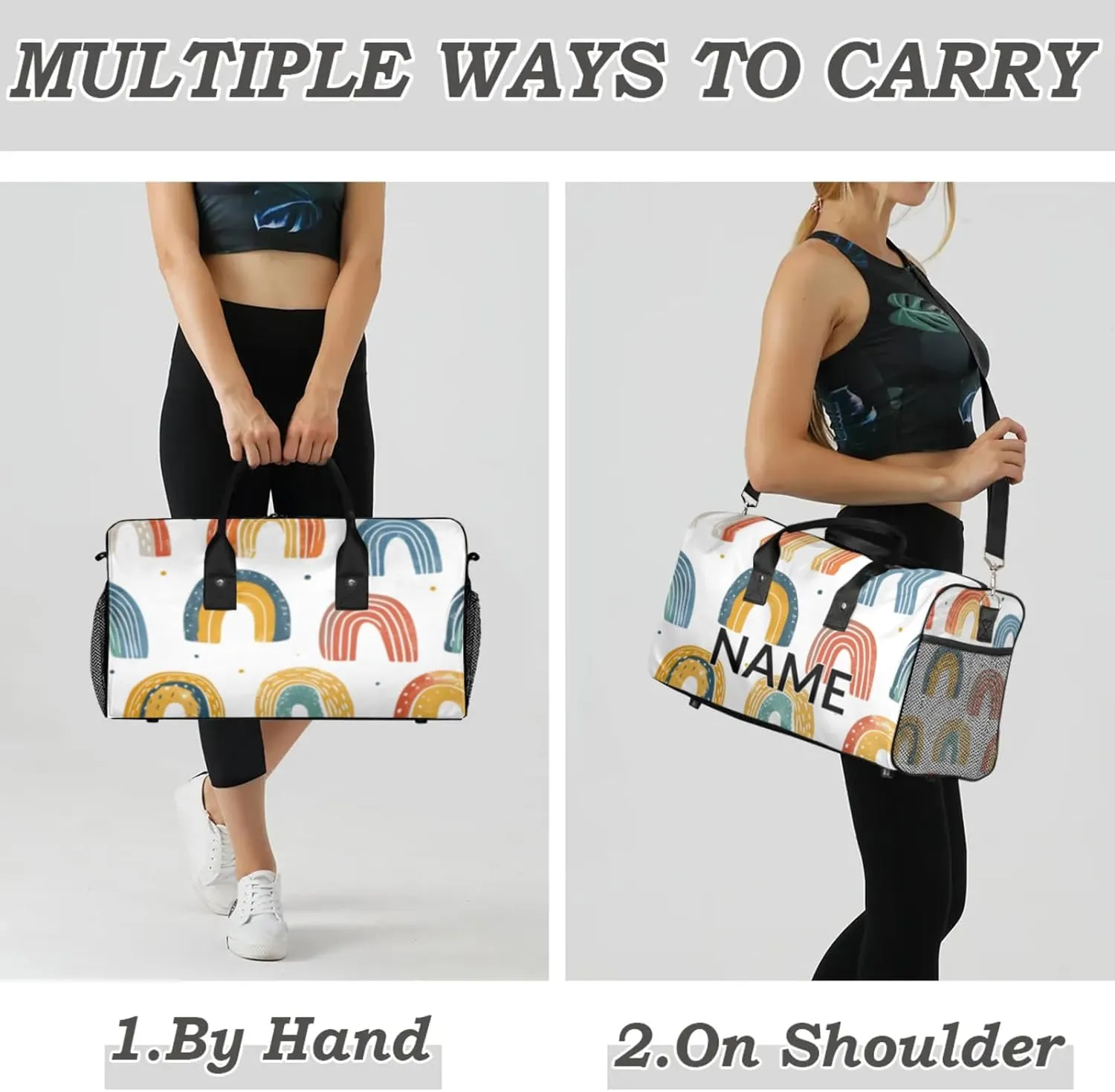 Personalized Fun Rainbow Travel Duffel Bag with Name, Custom Gym Sport Bag Abstract Creative Carry On Weekend Overnight Duffel Bag for Men Women