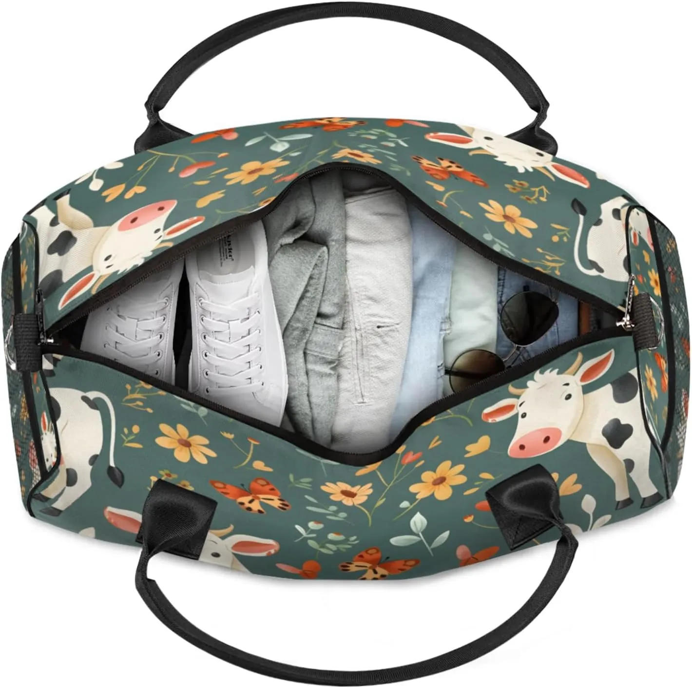 Personalized Funny Cattles Travel Duffel Bag with Name, Custom Gym Sport Bag Farmhouse Milk Cow Carry On Weekend Overnight Duffel Bag for Men Women