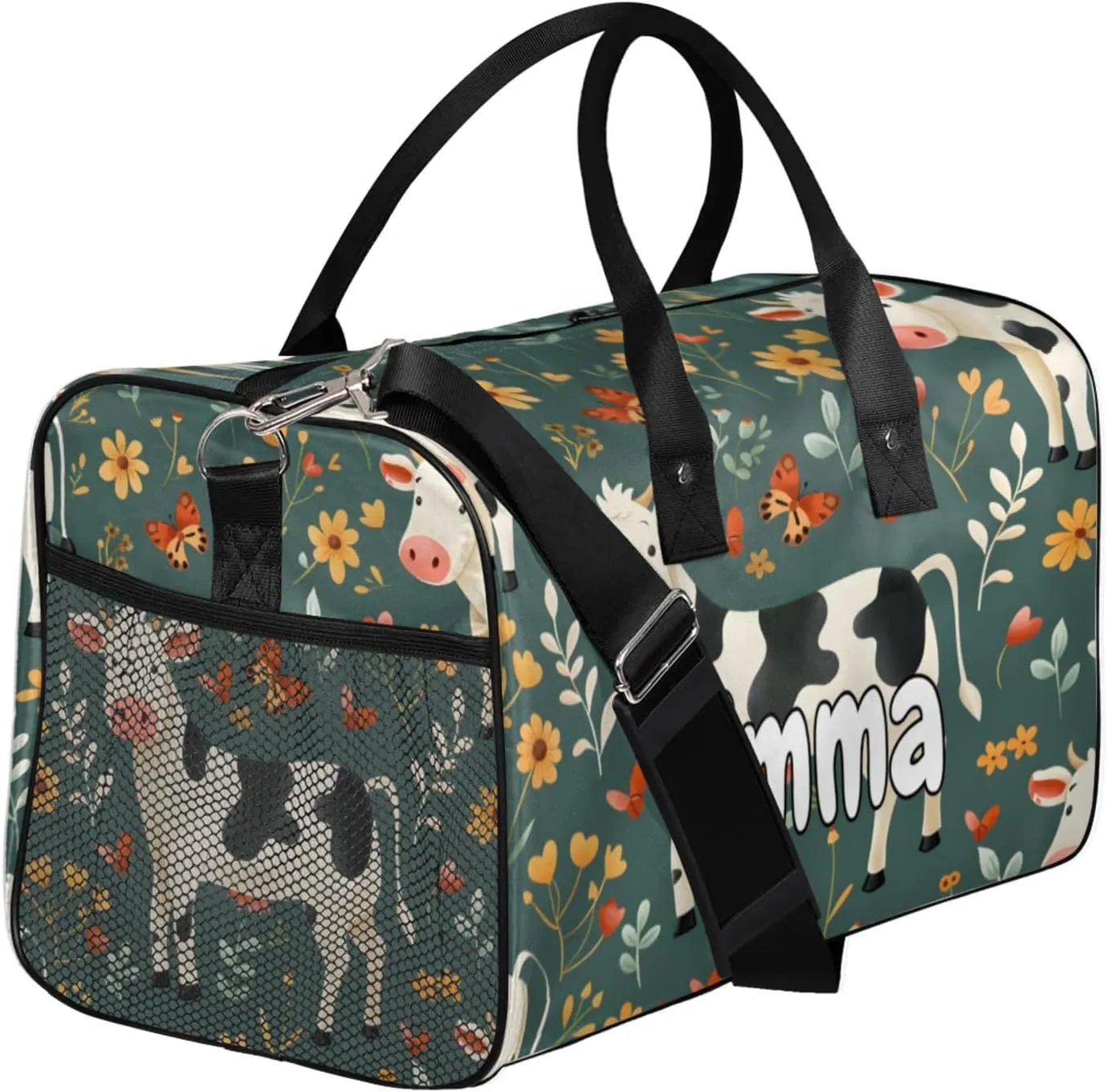 Personalized Funny Cattles Travel Duffel Bag with Name, Custom Gym Sport Bag Farmhouse Milk Cow Carry On Weekend Overnight Duffel Bag for Men Women