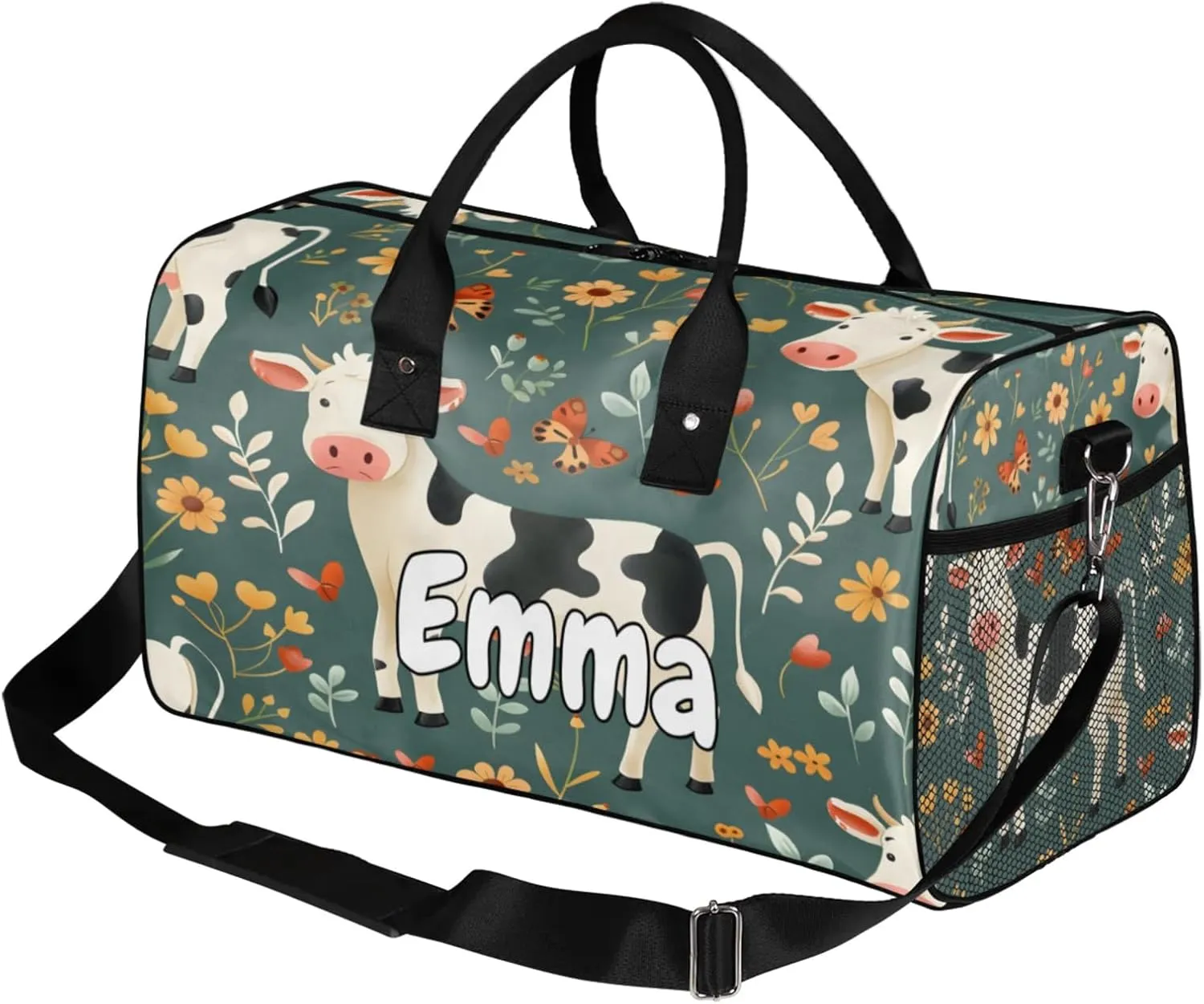 Personalized Funny Cattles Travel Duffel Bag with Name, Custom Gym Sport Bag Farmhouse Milk Cow Carry On Weekend Overnight Duffel Bag for Men Women
