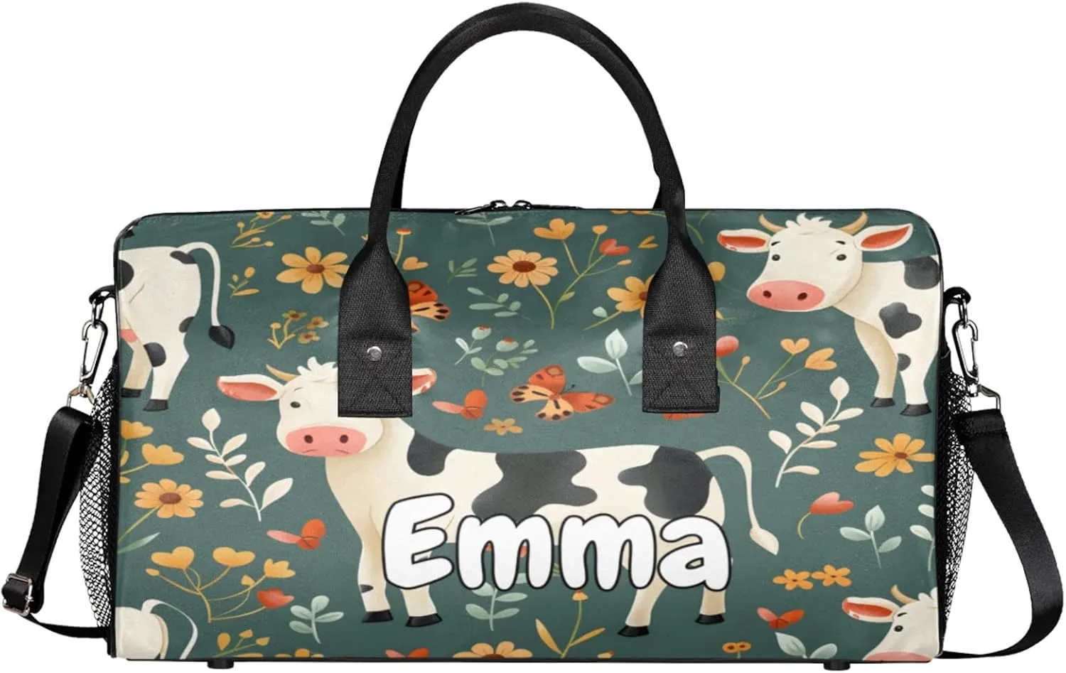 Personalized Funny Cattles Travel Duffel Bag with Name, Custom Gym Sport Bag Farmhouse Milk Cow Carry On Weekend Overnight Duffel Bag for Men Women